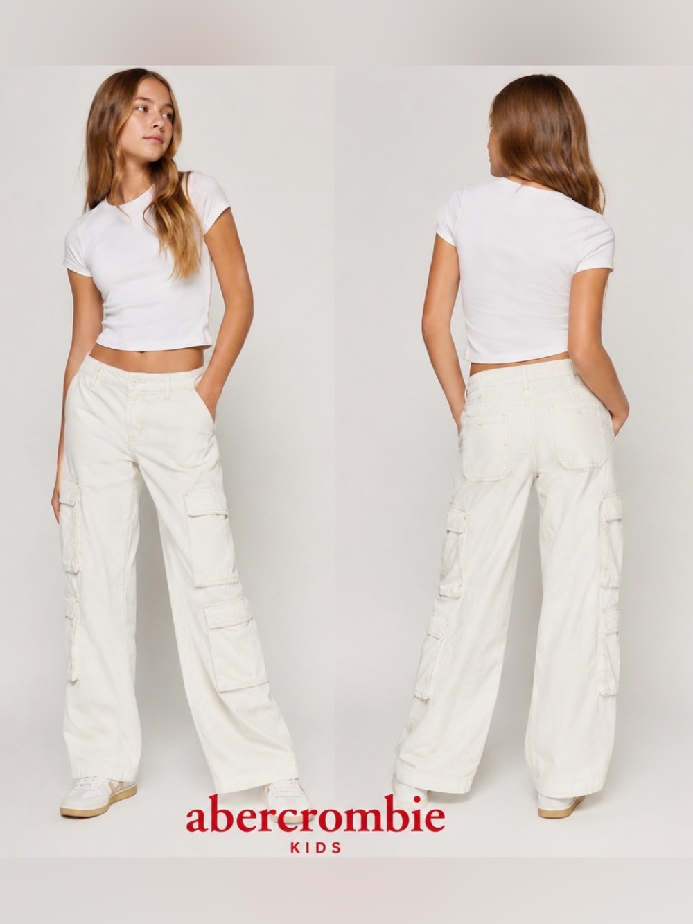 Abercrombie Kids Girls 15/16 Cream Corduroy Textured Cargo Pants Wide Leg Cotton